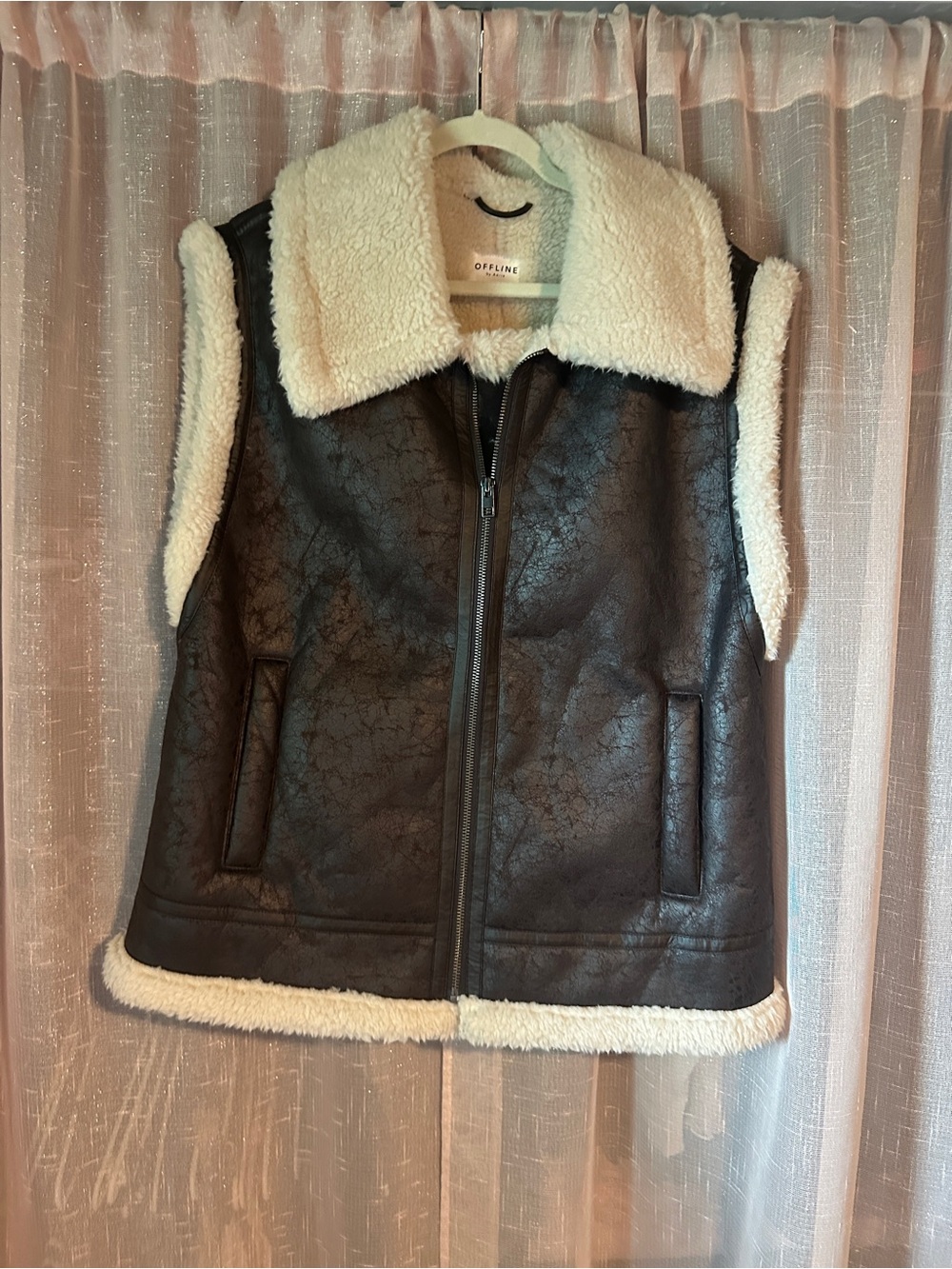 aerie Dark Brown Faux-Leather Sherpa-Trim Vest
